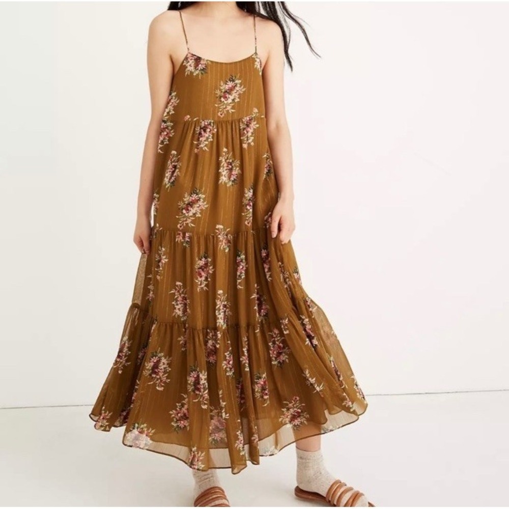 Madewell Dress Cami‎ Tiered Midi Metallic Classic Corsage Floral Cottagecore 0